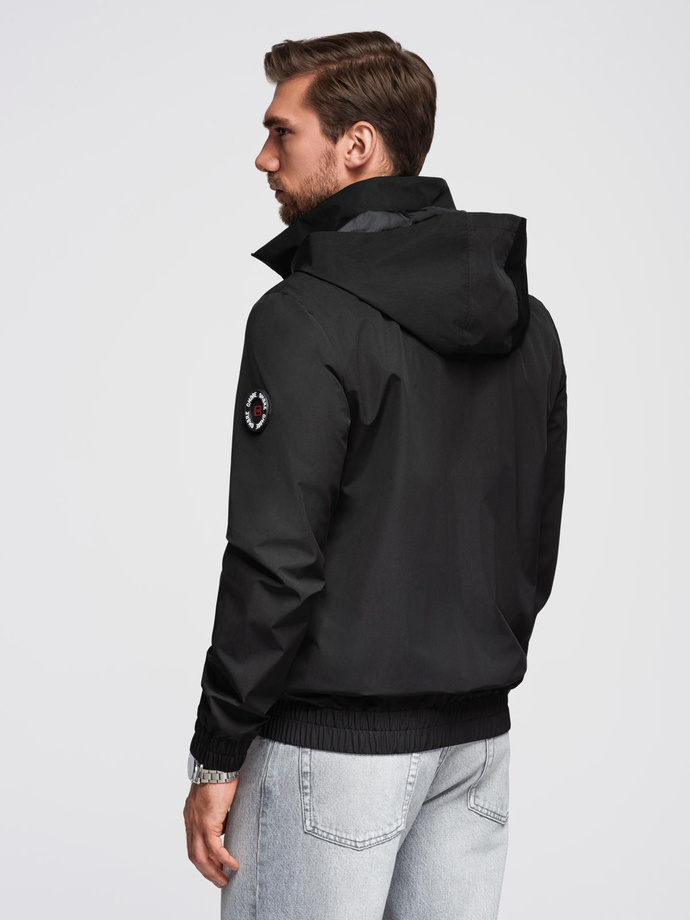 Men's faux leather jacket with ribbed bottom hem - black V2 OM-JAFL-0109