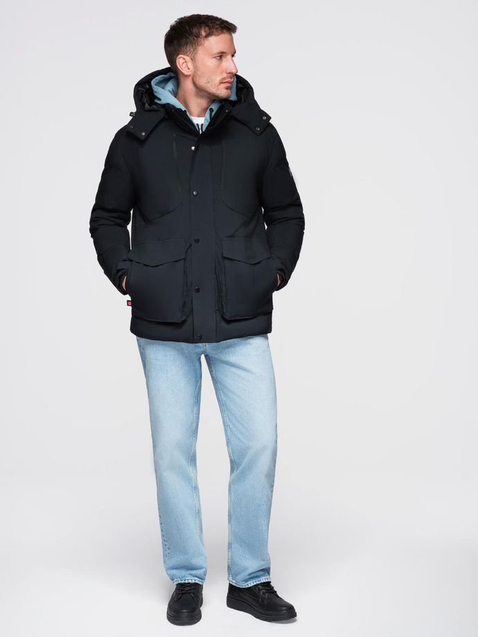 Zimowa kurtka męska z odpinanym kapturem z wodoodpornego materiału  - czarna V3 OM-JAHP-0306