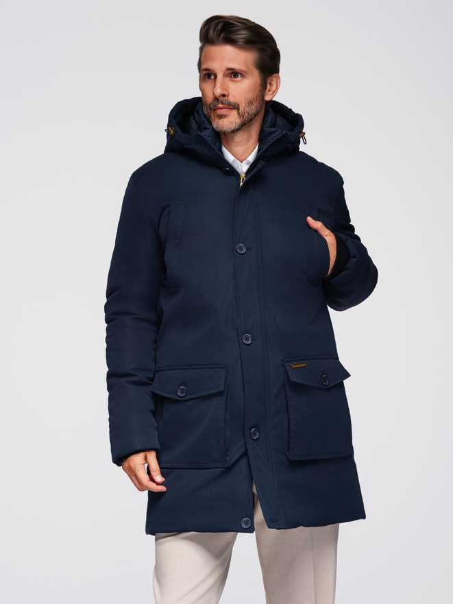 Elegant men's parka with cargo pockets and hood - navy blue V2 OM-JAPJ-0287