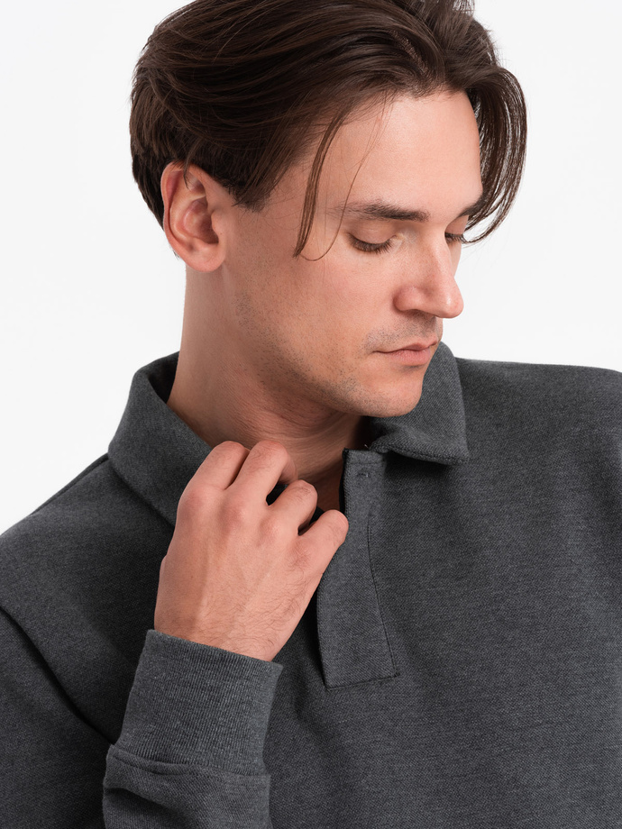 Men's structured knit polo collar sweatshirt - graphite melange V1 OM-SSNZ-0149