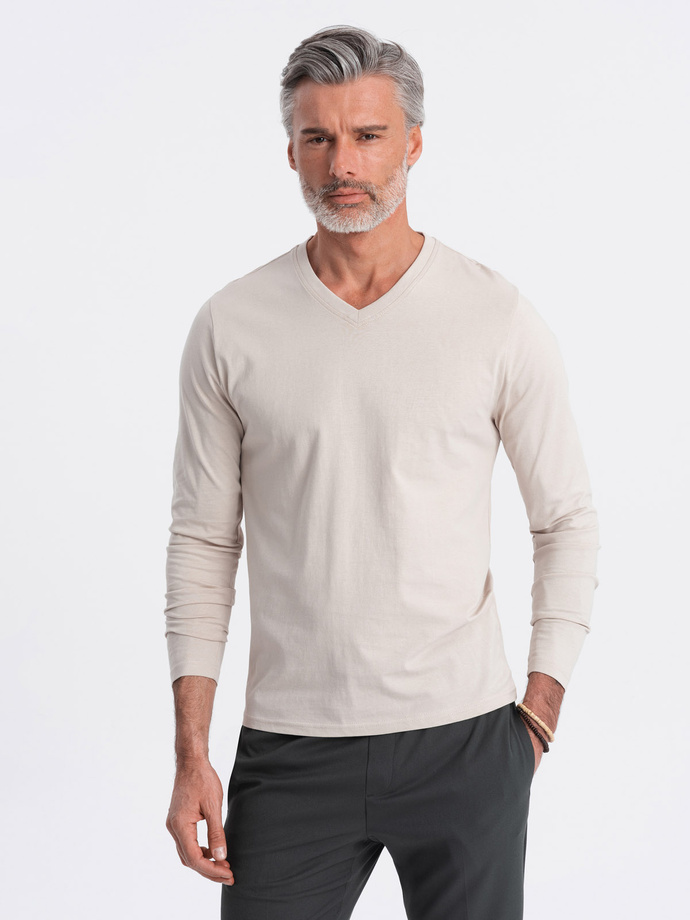 Longsleeve męski bez nadruku z dekoltem w serek - jasnobeżowy V1 OM-LSBL-0108