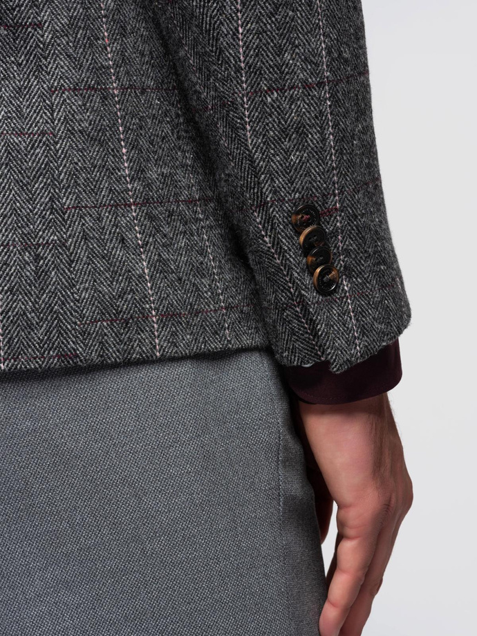 Elegancka męska marynarka w kratkę z domieszką wełny – szara V1 OM-BLZB-0137