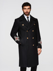 Men's double-breasted coat with wool and bead appliqués on sleeves - black V1 OM-COWC-0148