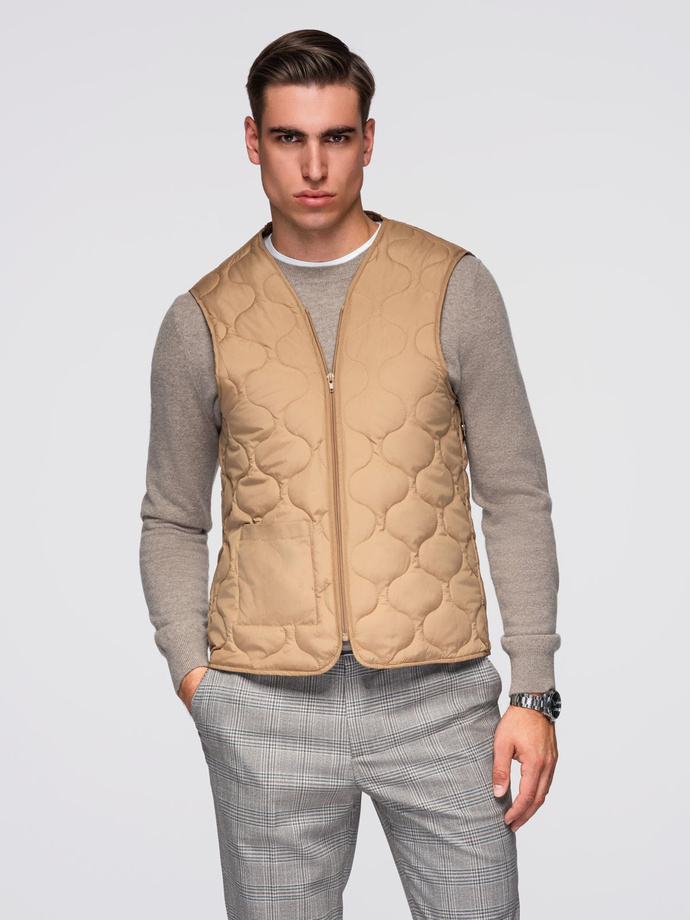 Single-breasted men's long coat with collar and bolster - brown V4 OM-COWC-0135