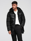 Men's quilted jacket with high collar and hood - black V1 OM-JALJ-0266