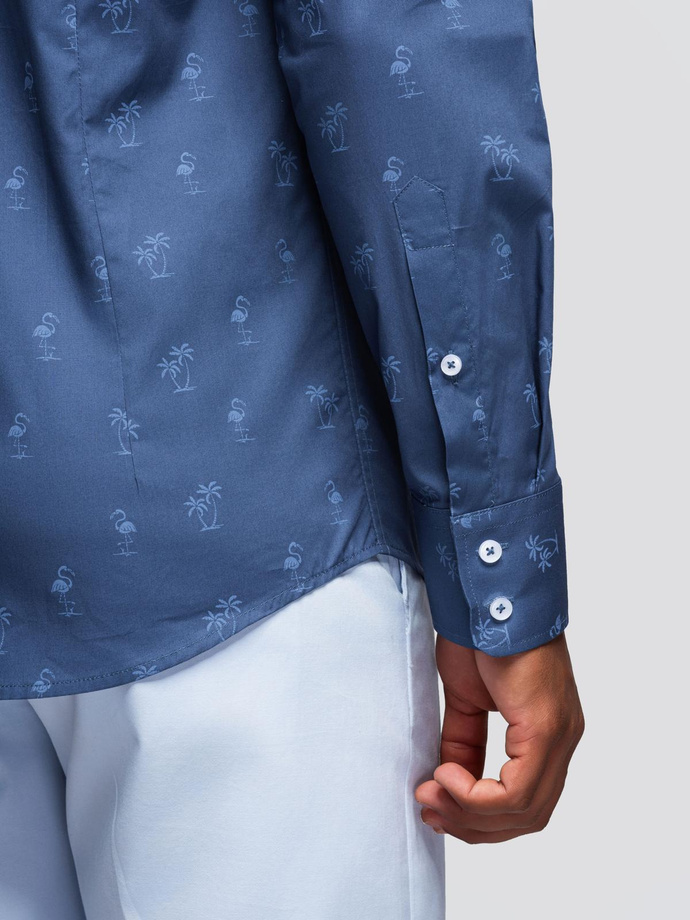 Klasyczna męska bawełniana koszula SLIM FIT w palmy - ciemnoniebieska V5 OM-SHCS-0156
