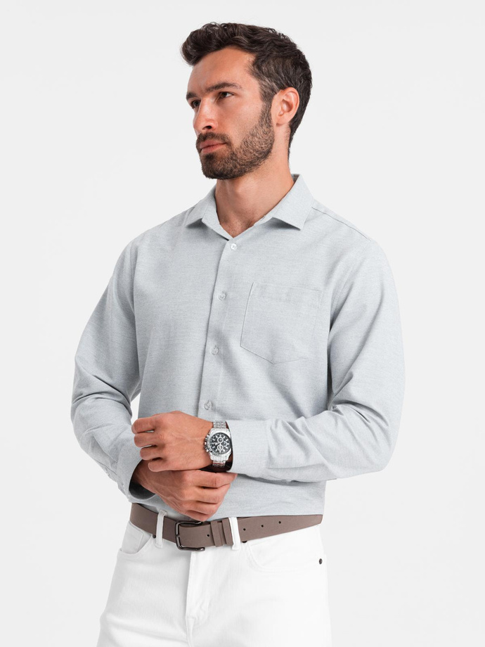 Koszula męska z kieszenią REGULAR FIT - jasnoszary melanż V2 OM-SHCS-0148