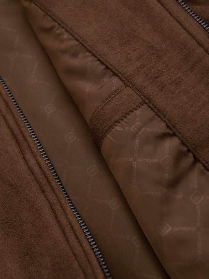 Men's imitation leather jacket with ribbed hem - dark brown V1 OM-JAFL-0109