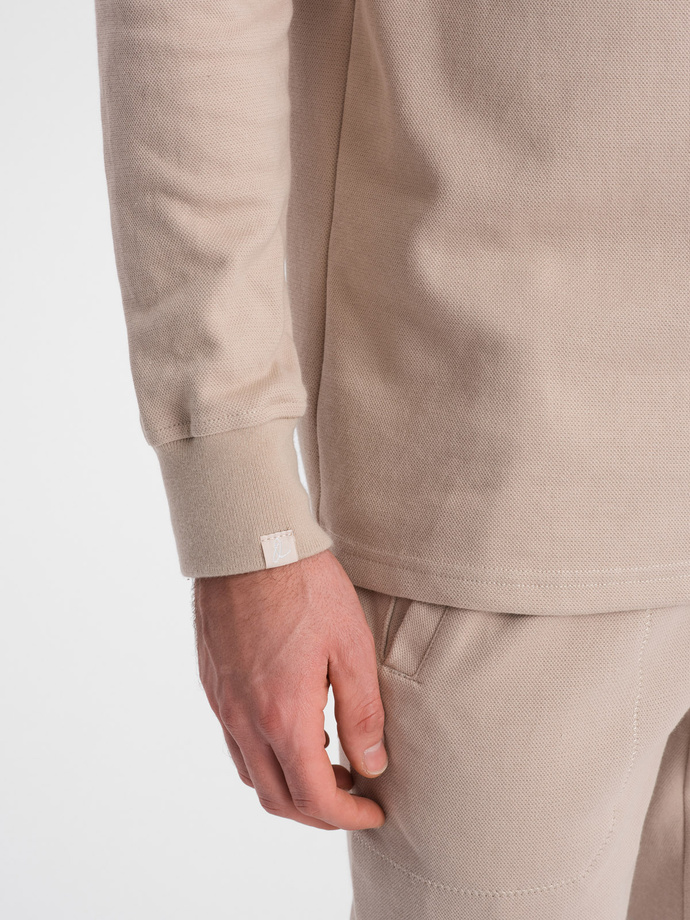Komplet męski dresowy bluza z kołnierzem polo + spodnie - beżowy V2 Z71