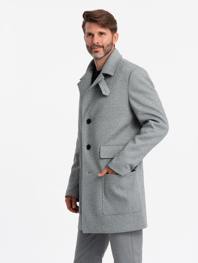 Patterned single-breasted men's coat with pockets - grey V3 OM-COWC-0108