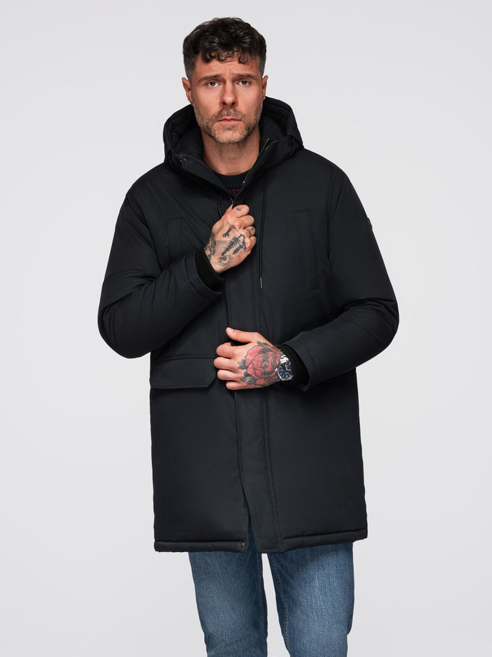 Men's faux leather jacket with ribbed bottom hem - black V2 OM-JAFL-0109