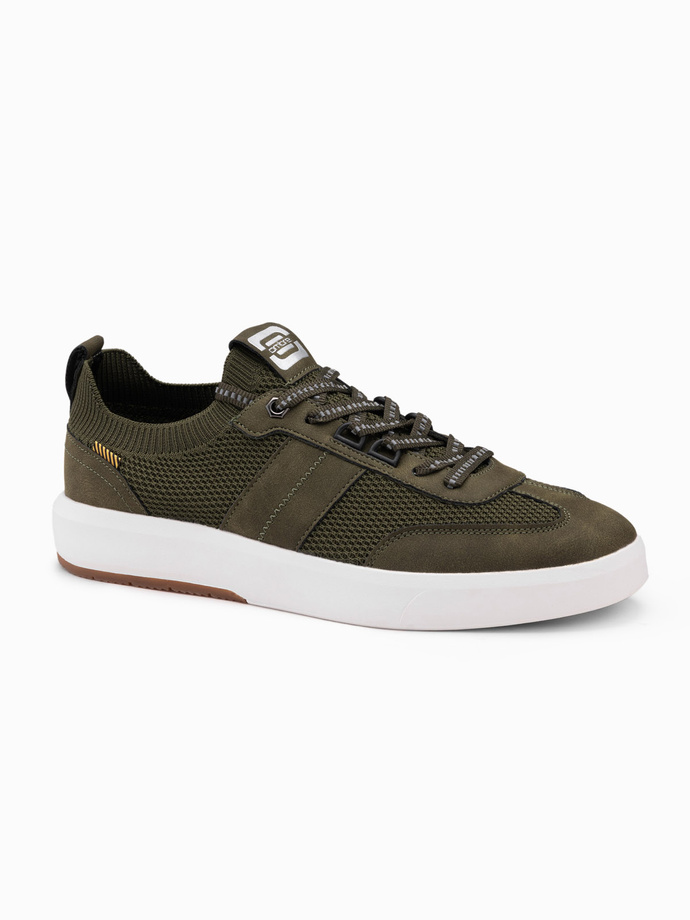 Sneakersy męskie wsuwane ze strukturalnego materiału – oliwkowe V2 OM-FOSL-0154