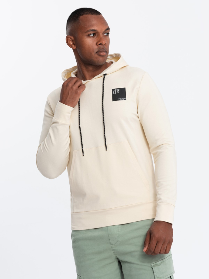 Bluza męska kangurka z kapturem i logotypem – kremowa V2 OM-SSNZ-0162