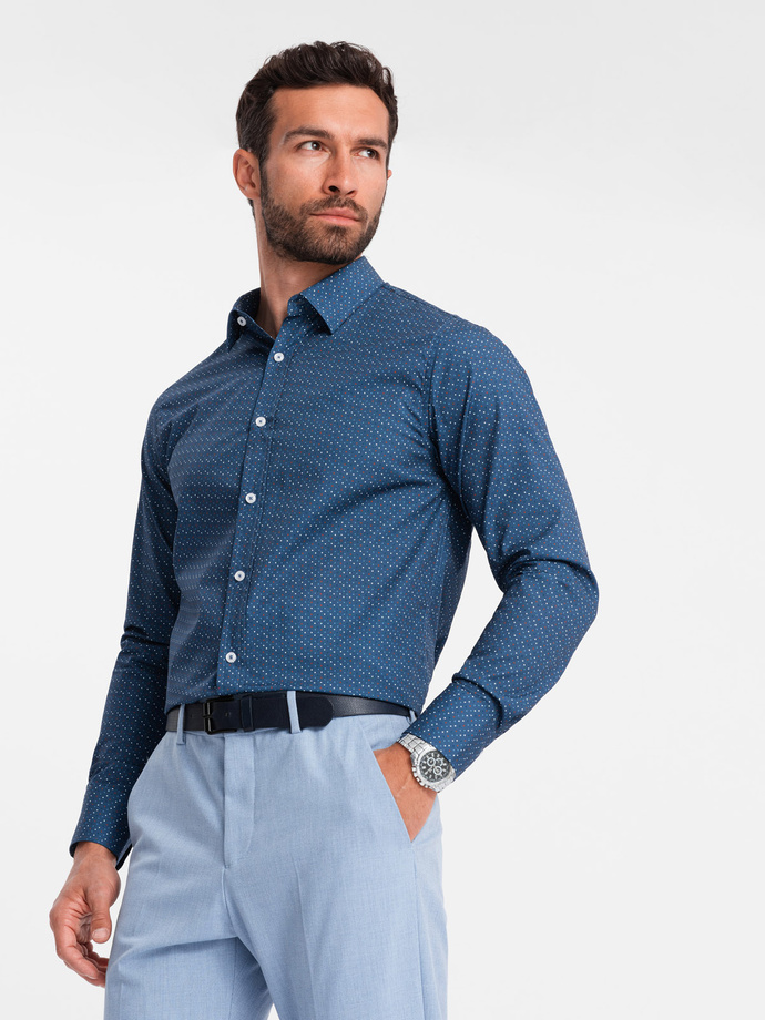 Bawełniana koszula męska we wzory SLIM FIT - niebieska V4 OM-SHCS-0151