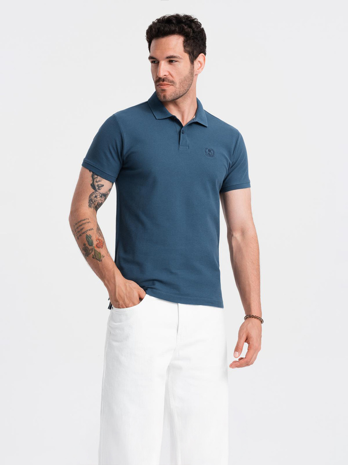 BASIC men's single color pique knit polo shirt - dark blue V13 OM-POBS-0100