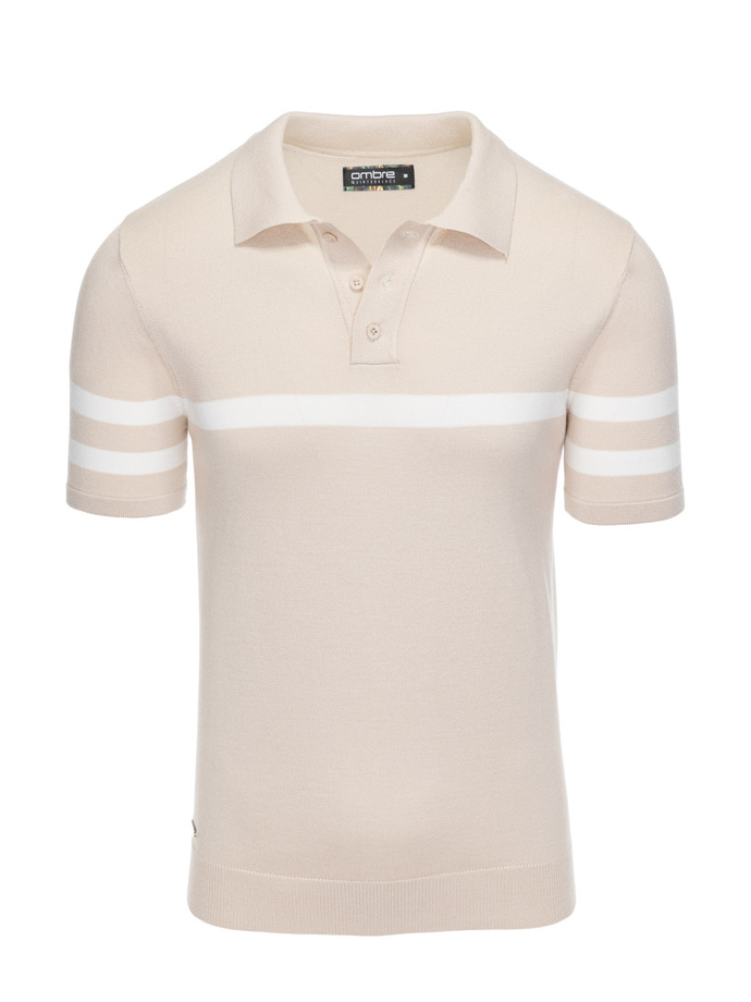 Men's soft knit polo shirt with contrasting stripes - beige V4 OM-POSS-0118