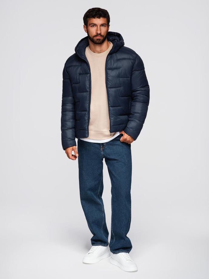 Pikowana kurtka męska puffer z kapturem – granatowa V4 OM-JAHP-0235