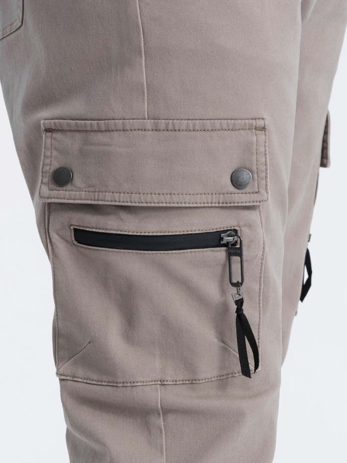 Men's JOGGER pants with zippered cargo pockets - dark beige V2 OM-PAJO-0125