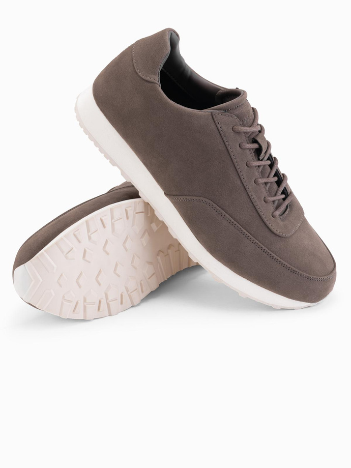 Męskie sportowe buty sneakersy z ekoskóry o zamszowym wykończeniu – ciemnobrązowe V2 OM-FOCS-0161