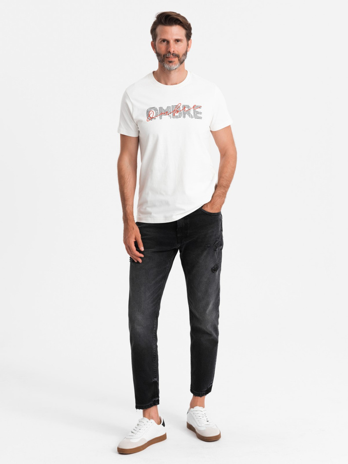 Bawełniany męski t-shirt z podwójnym printowanym logotypem – biały V1 OM-TSPT-0211 