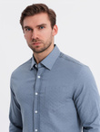 Men's SLIM FIT shirt in decorative fabric with pocket - blue OM-SHCS-0174