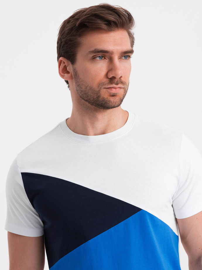 Men's tricolor cotton t-shirt - white and blue V4 OM-TSCT-0174