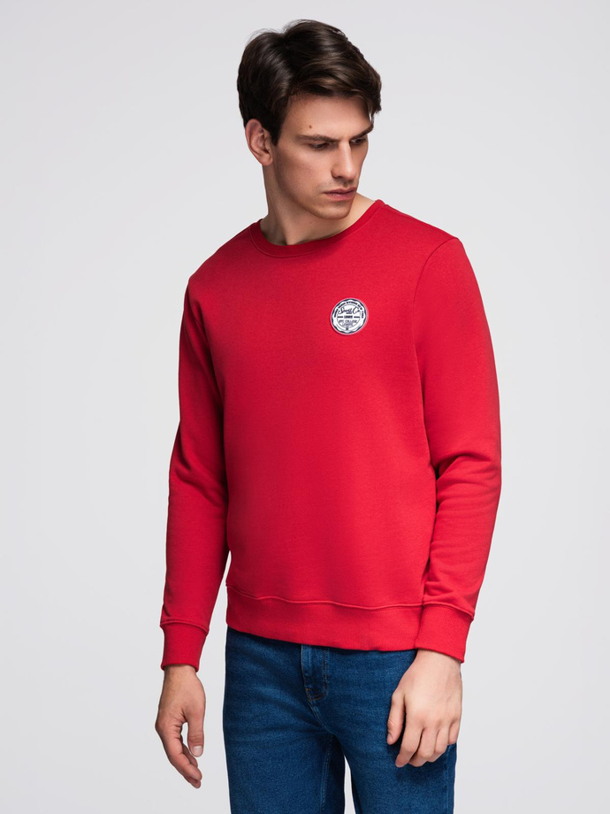 Men's non-stretch sweatshirt with round neckline and patch - red V1 B1713