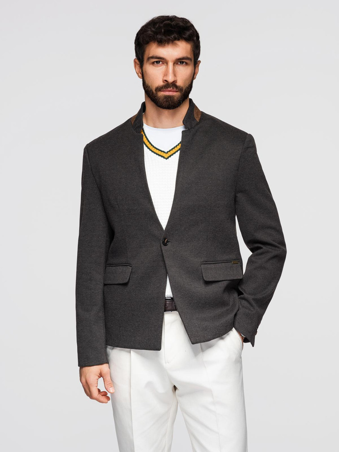 Melanżowa marynarka męska z dodatkiem rayonu ze stójką – czarny melanż V5 OM-BLZB-0131