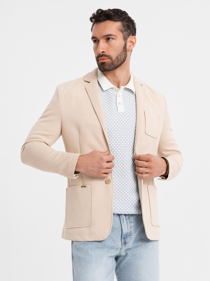 Men's SLIM knit jacket with subtle texture - beige V5 OM-BLZB-0101
