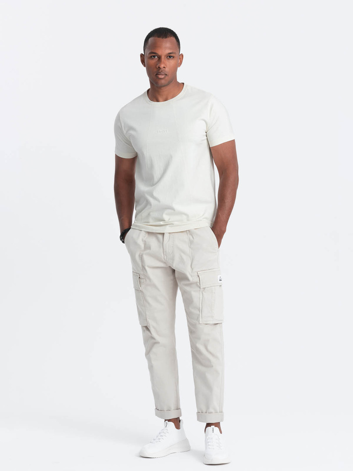 Men's cotton T-shirt with delicate embroidery - cream V2 OM-TSCT-0170