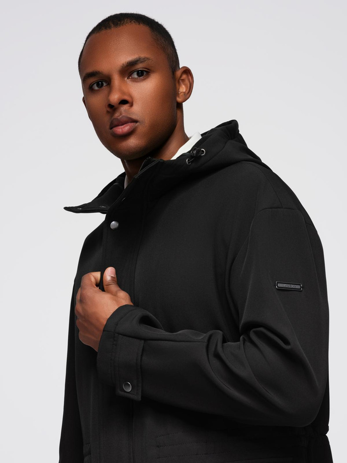 Men's faux leather jacket with ribbed bottom hem - black V2 OM-JAFL-0109