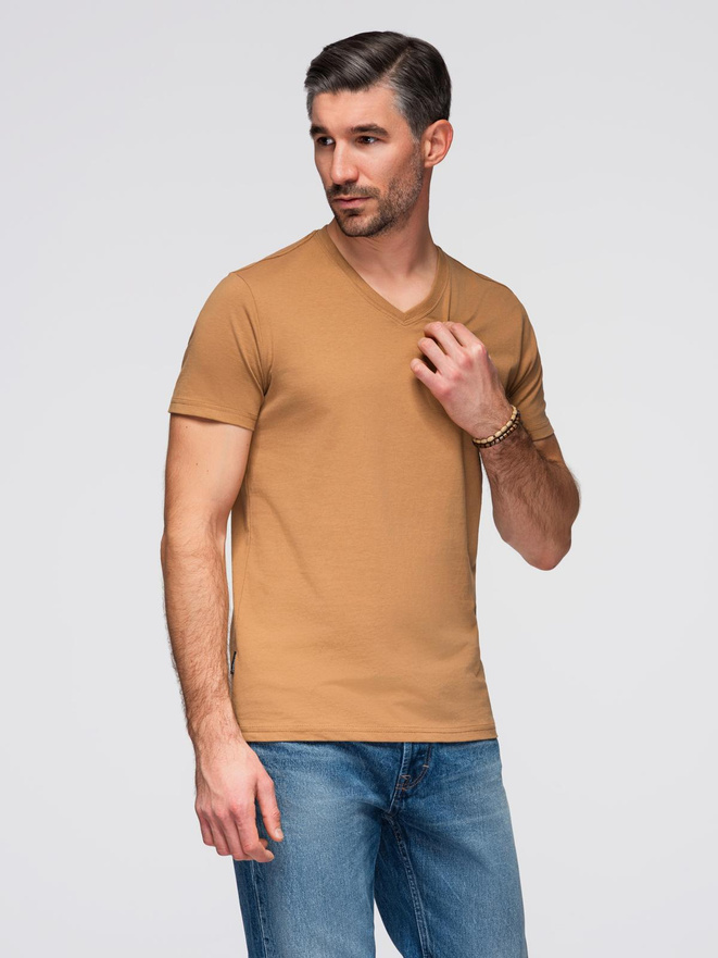 Men's BASIC classic cotton T-shirt with a v-neck - brown V9 OM-TSBS-0237