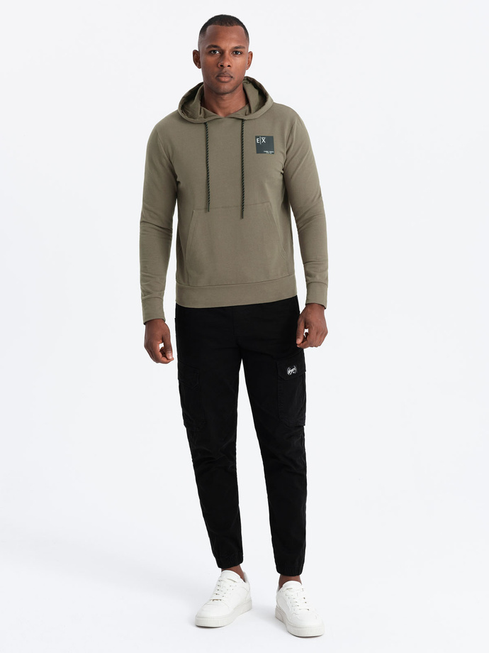 Bluza męska z kapturem kangurka z logotypem – oliwkowa V4 OM-SSNZ-0162