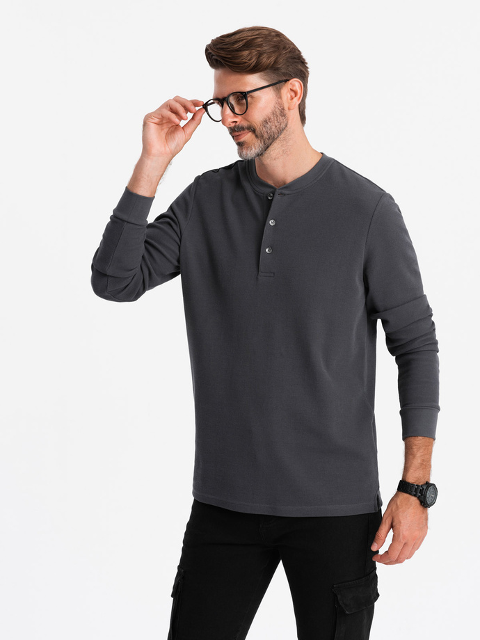 Męski longsleeve zapinany pod szyją z dzianiny waflowej – grafitowy V3 OM-LSCL-0120