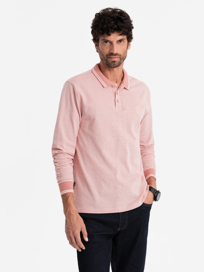 Męski melanżowy longsleeve polo z haftem – różowy melanż V2 OM-POLS-0129