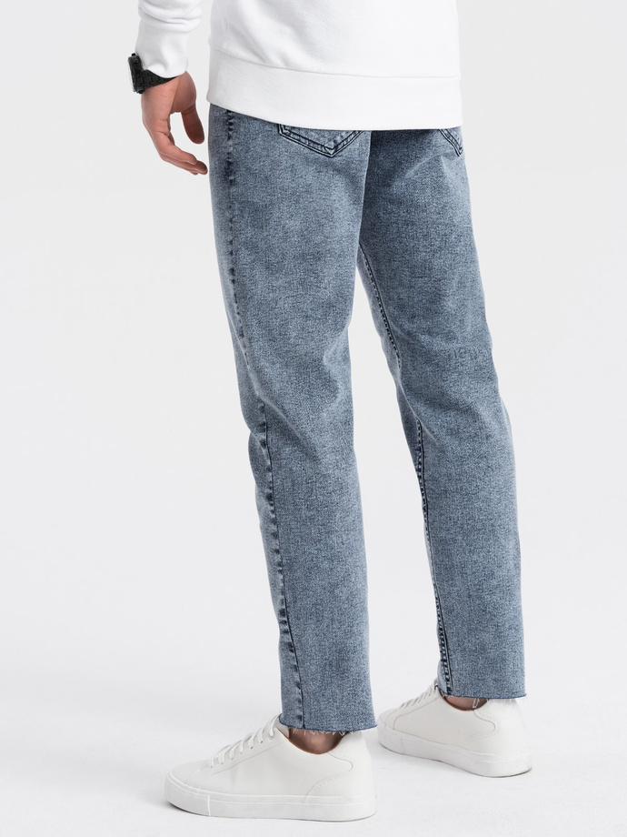 Męskie spodnie jeansowe marmurkowe z surowo wykończoną nogawką SLIM FIT - ciemnoniebieskie V4 OM-PADP-0146