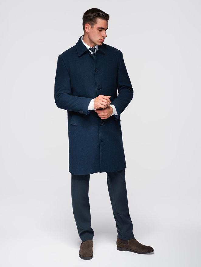 Long men's single-breasted coat with collar and undercoat - navy blue V3 OM-COWC-0135