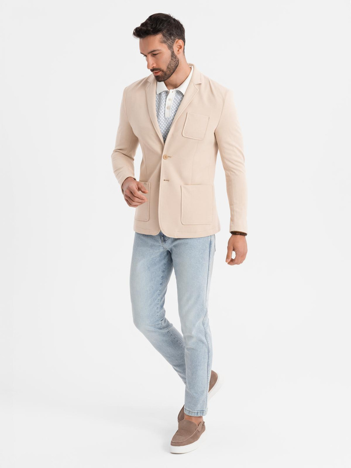 Men's SLIM knit jacket with subtle texture - beige V5 OM-BLZB-0101