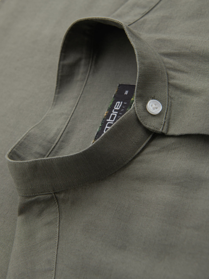 Męska koszula lniana ze stójką i kieszenią REGULAR FIT – khaki V6 OM-SHCS-0161