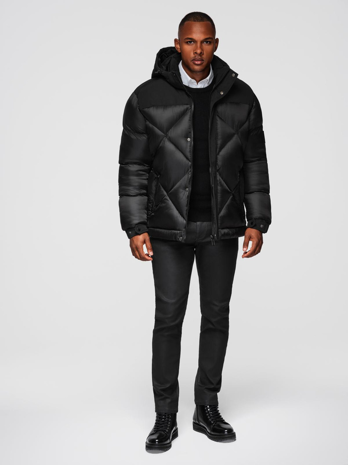 Men's quilted jacket with high zipped hood - black V1 OM-JAHP-0238