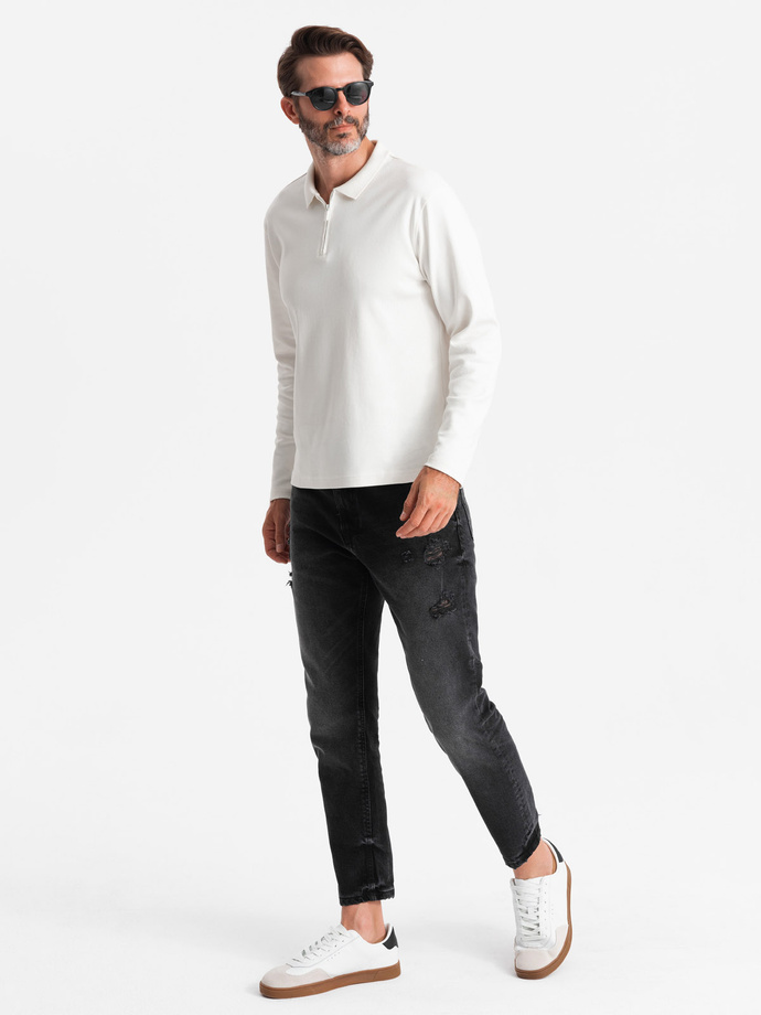 Męski longsleeve polo z zapinanym na zamek kołnierzykiem – biały V1 OM-POLS-0130