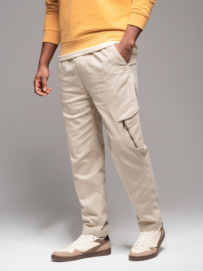 Men's knitted joggers with cargo pockets - cream V1 OM-PAJO-0199