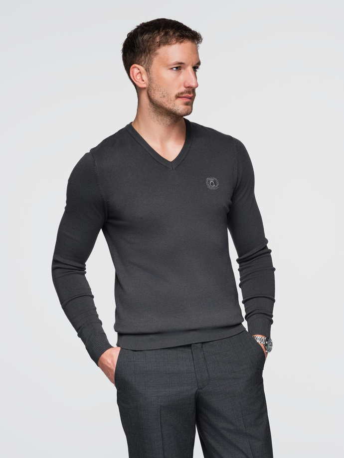 Elegant men's sweater with a heart neckline - graphite V17 OM-SWBS-0107