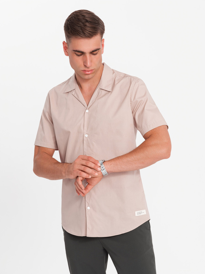 Men's short sleeve shirt with Cuban collar - light brown V6 OM-SHSS-0168