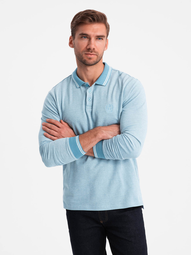 Men's melange polo longsleeve with embroidery - blue melange V3 OM-POLS-0129
