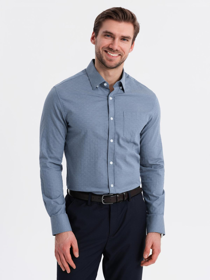 Men's SLIM FIT shirt in decorative fabric with pocket - blue OM-SHCS-0174
