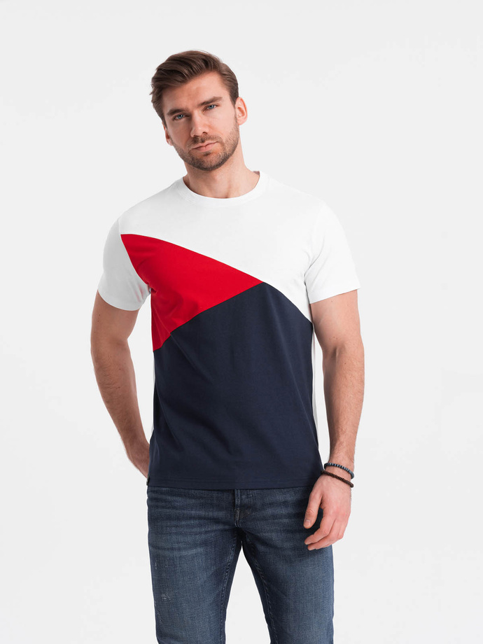 Tri-color men's cotton t-shirt - white and navy blue V3 OM-TSCT-0174