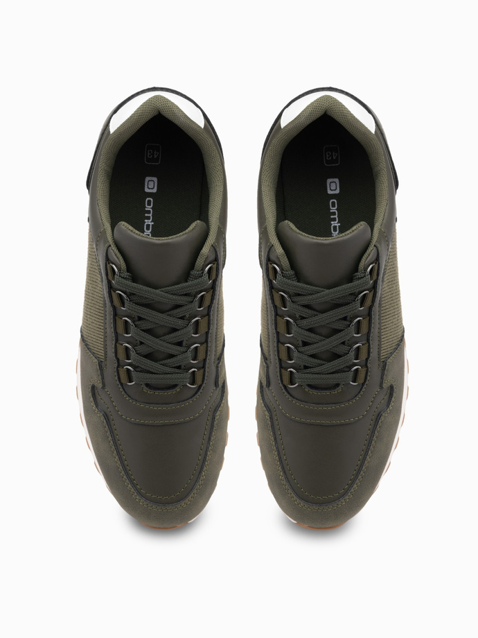 Patchworkowe męskie buty sneakersy z łączonych materiałów – ciemnooliwkowe V4 OM-FOSL-0144 