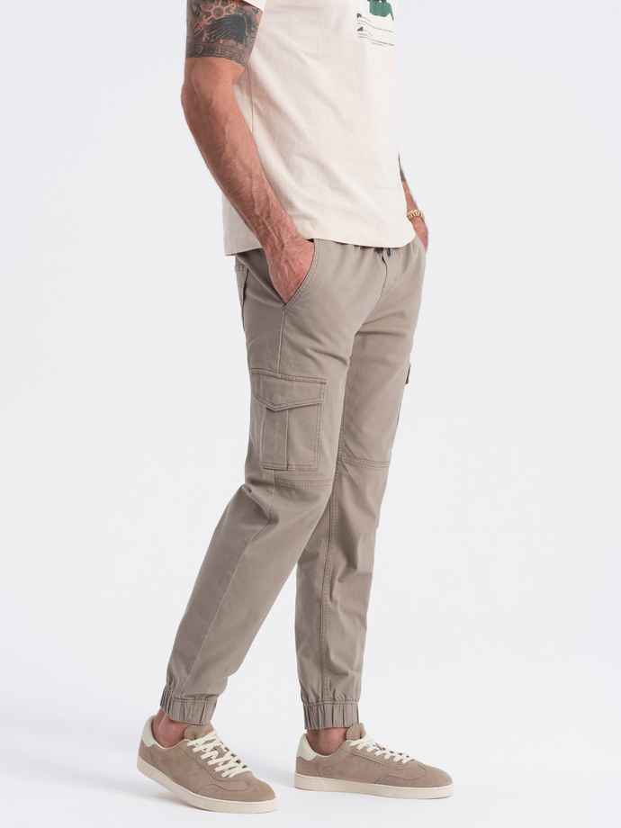 Men's JOGGER pants with zippered cargo pockets - beige V2 OM-PAJO-0123