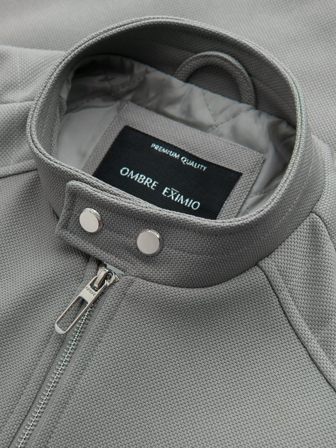 Męska kurtka typu biker z kieszeniami i stójką – szara V3 OM-JALP-0157